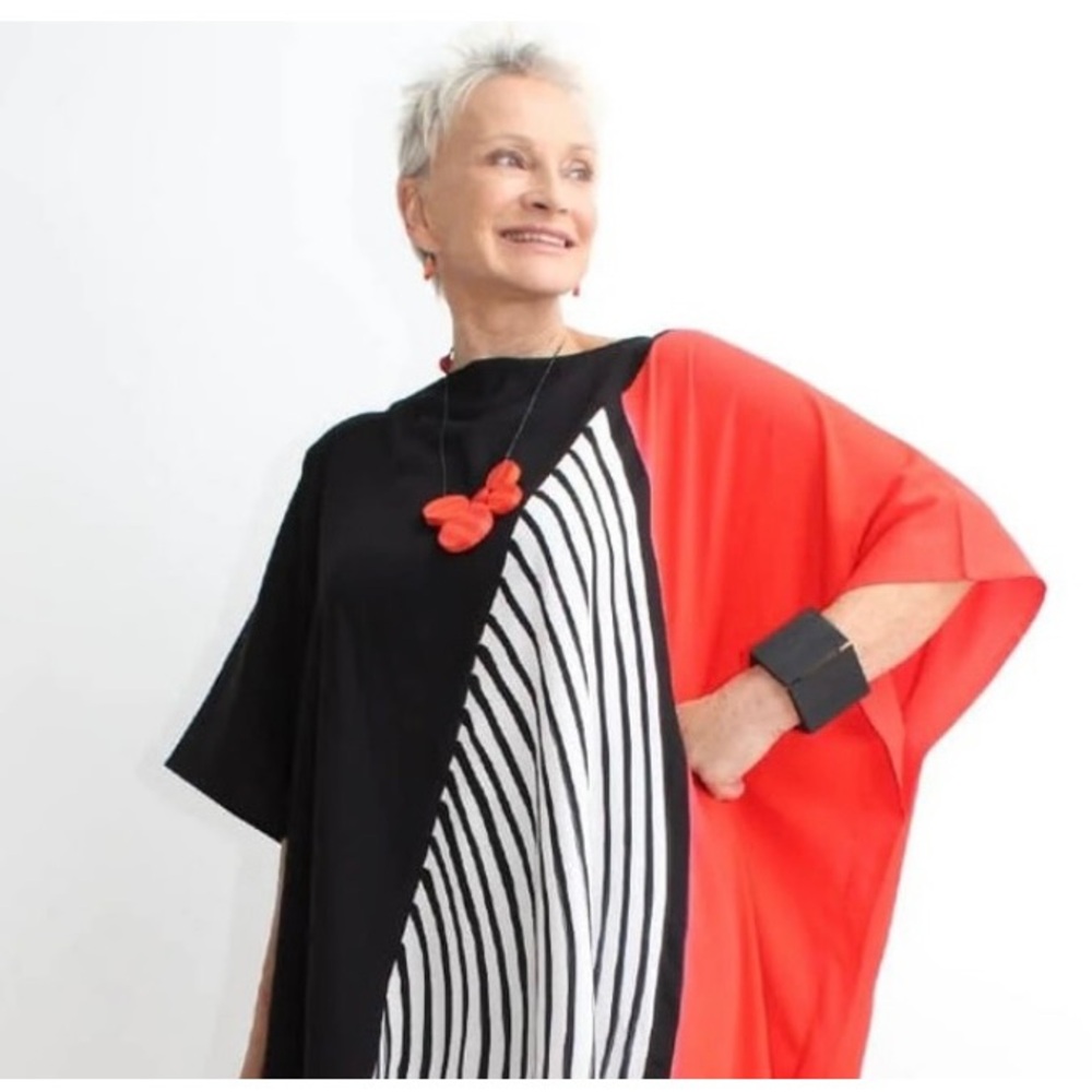 Sylca hand painted Art to wear. Chic Black and Red Striped Blouse